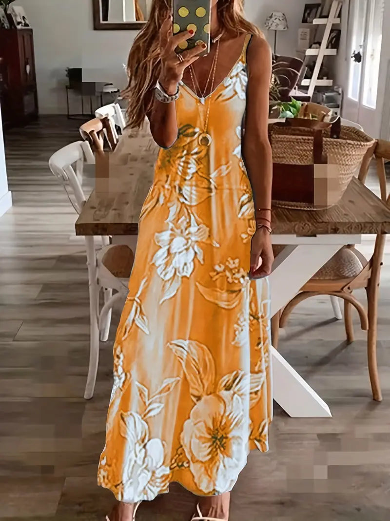 Floral Print Casual Crew Neck Ankle Cami Spaghetti Dress