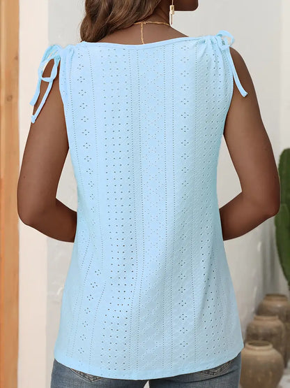 Eyelet Button Front Sleeveless Tank Top For Summer