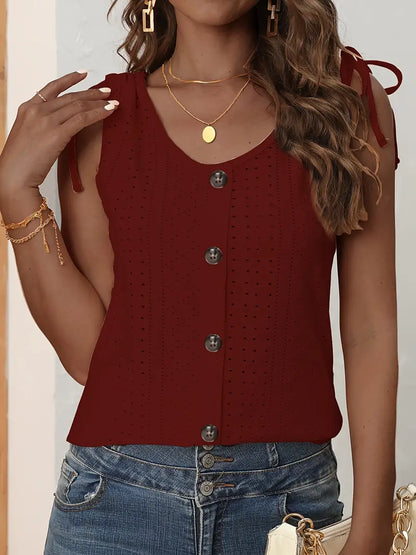 Eyelet Button Front Sleeveless Tank Top For Summer