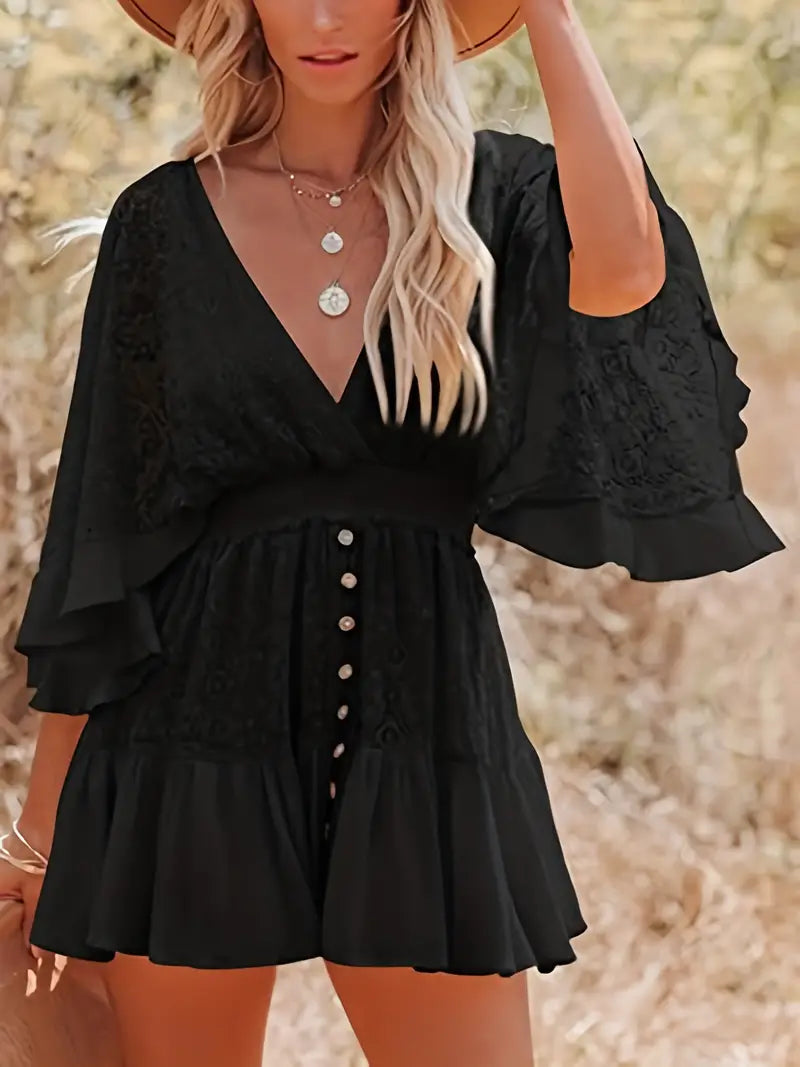Casual Lace Patchwork Batwing Sleeve V Neck Fashion Summer Loose Dress