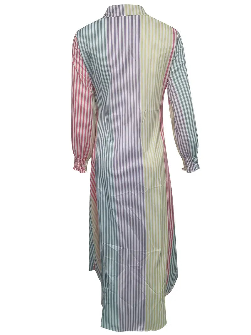 Color Block Striped Long Sleeve Button Down Ankle Shirt Dress