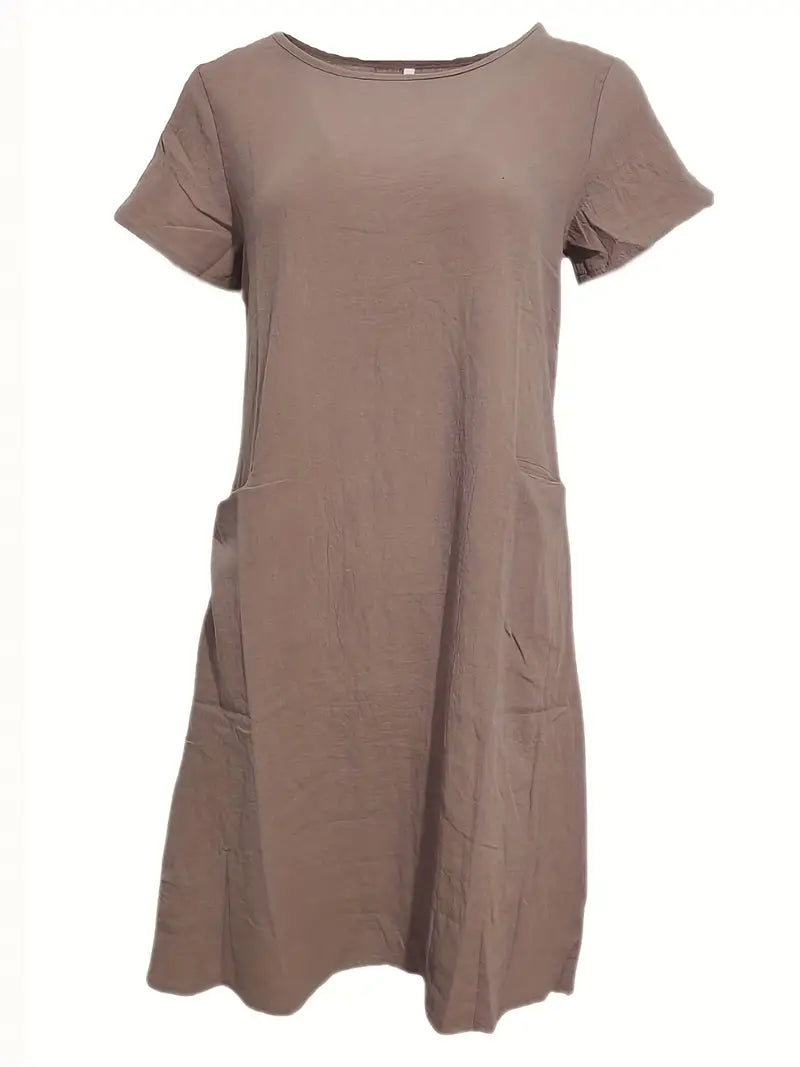 Loose Solid Short Sleeve Knee-Length Round Neck Pocket Dress