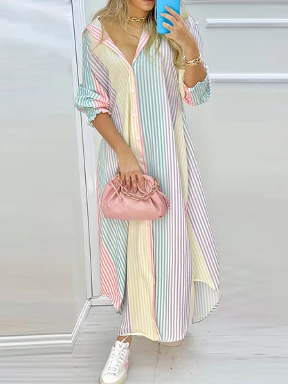 Color Block Striped Long Sleeve Button Down Ankle Shirt Dress